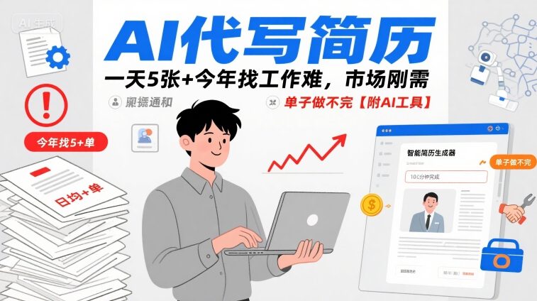 AI代写简历，一天5张+今年找工作难，市场刚需，单子做不完【附AI工具】-人人创业优云网，国内各种创业项目下载网站