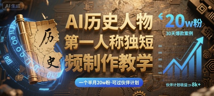 最新AI历史人物第一人称独白短视频制作教学，一个半月20w粉，可过伙伴计划-人人创业优云网，国内各种创业项目下载网站