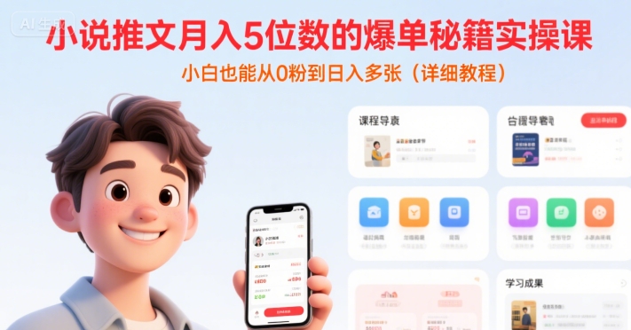 小说推文月入5位数的爆单秘籍实操课，，小白也能从0粉到日入多张(详细教程)-人人创业优云网，国内各种创业项目下载网站