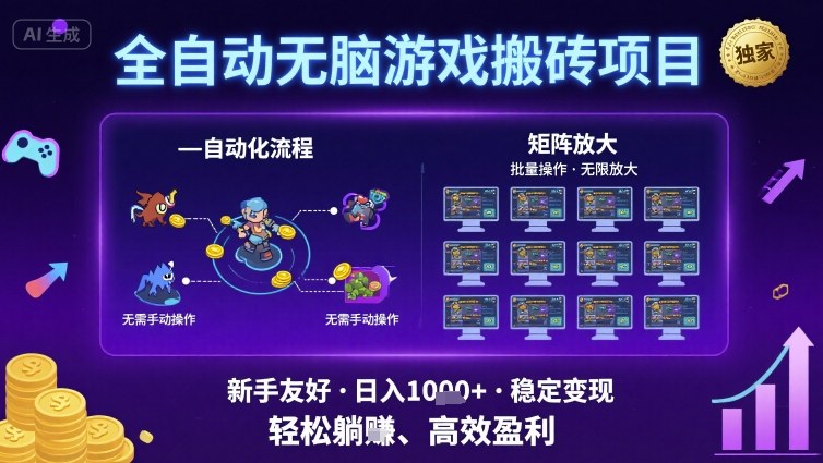 全自动无脑游戏搬砖项目，独家玩法，可批量矩阵无限放大，新手也能轻松日入1k+【揭秘】-人人创业优云网，国内各种创业项目下载网站