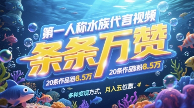 第一人称水族代言视频，条条万赞，20条作品涨粉7.8W，多种变现方式月入五位数-人人创业优云网，国内各种创业项目下载网站